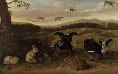 Schwarzwild, Kaninchen und Schwalben in einem Park, ca. 1700
