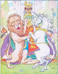 Der Löwe und das Einhorn kämpften um die Krone (Farblithographie)