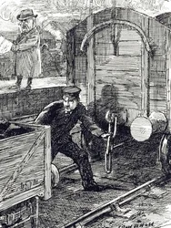 Eine Karikatur, die die Unfälle von Eisenbahnarbeitern kommentiert. Illustriert von Leonard Raven-Hill (1867-1942), einem englischen Künstler, Illustrator und Karikaturisten, 20. Jahrhundert
