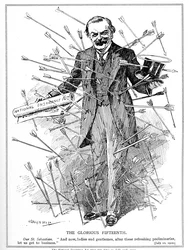 Lloyd George, dargestellt als Märtyrer, St. Sebastian, unter Beschuss für sein National Insurance Act, das am 15. Juli 1912 in Kraft trat