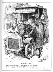 Lloyd George wird aufgehalten, einen Patienten zum Arzt zu bringen, nach seinem National Health Insurance Act, 1913
