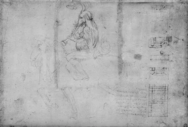 Ein Mann mit dem Kopf eines Elefanten reitet zu Pferd und architektonische Skizzen, um 1480