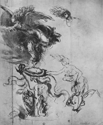 Ein Engel platziert ein Schild auf einer Trophäe und separate Studien des Engels, um 1480