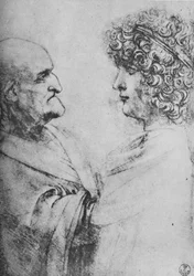 Ein alter Mann und ein Jüngling, die einander gegenüberstehen, um 1480