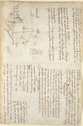 Notizen und schematische Skizze eines mechanischen Baggers in Perspektive (seitlich), ca. 1503-5