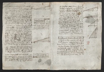 Zeichnungen zu mechanischen Kräften und Kräften, Aufprall, Schwerkraft, Bewegung, Optik und Astronomie, mit verschiedenen arithmetischen und geometrischen Propositionen, Illustration aus Leonardos 
