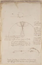 Arundel 263, f.85 Diagramme zur Optik, betreffend die Kaustiken der Reflexion; Notiz und Skizze zur Mechanik, betreffend die Kraft des Aufpralls und mit Verweisen auf das aristotelische Prinzip 