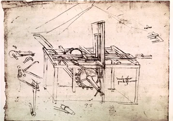 Auszug aus einem Da Vinci Manuskript über die Konstruktion einer hydraulischen Säge mit automatischem Vorschub