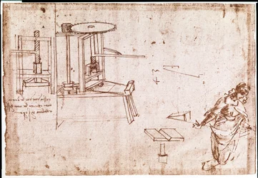 Auszug aus einem Da Vinci Manuskript über die Konstruktion einer Druckmaschine