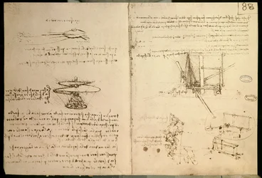 Flugmaschinen, eine der ersten Zeichnungen einer hubschrauberähnlichen Flugmaschine, ca. 1487