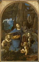 Die Jungfrau der Felsen (mit dem Kind Johannes, der das Jesuskind anbetet, begleitet von einem Engel), ca. 1508