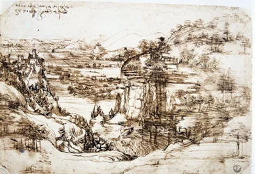 Die erste bekannte Zeichnung von Leonardo da Vinci (1452-1519), „Landschaft von Santa Maria della Neve“: die Landschaft des Arnotals bei Florenz.