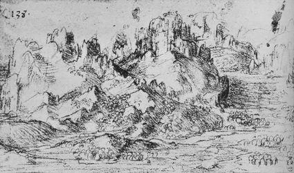 Blick über ein Tal mit Bergen dahinter, ca. 1480, 1945