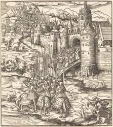 Verschiedene Männer, die auf einer Brücke vor einer Stadt knien