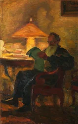 Leo Tolstoi mit einer Zeitung