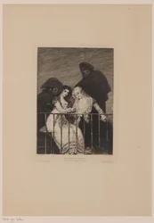 Zwei Frauen mit zwei Männern hinter ihnen im Schatten. Die Majas auf dem Balkon (Titel auf dem Objekt)