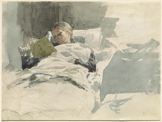 Die Frau des Künstlers liest im Bett