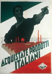 Kauft italienische Produkte, faschistisches Propagandaplakat während der Autarkie
