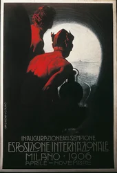 Plakat für den transalpinen Simplontunnel auf der Internationalen Ausstellung in Mailand, April-November 1906