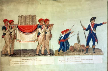 Tragen des Modells der Bastille und Soldat, der den Kindern einen Vortrag hält, um 1790