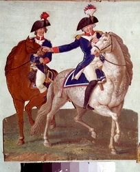 Kommandant der Pariser Armee gibt seinem Adjutanten Befehle: Darstellung von Soldaten während der Revolution von 1789. Gouache der Lesueur-Brüder. 18. Jahrhundert. Musée Carnavalet, Paris