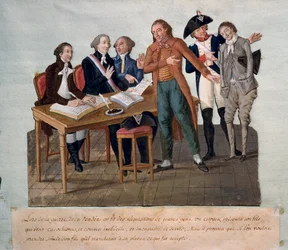 Junge Männer für den Vendée-Krieg fordernd (ein Vater zeigt seinen unfähigen Sohn und nimmt seinen Platz ein). Gravur der Brüder Lesueur (18. Jahrhundert). Paris, Musée Carnavalet