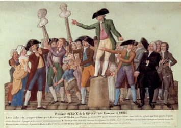 Erste Szene der Französischen Revolution in Paris: Am 12.07.1789, nach der Entlassung von Jacques Necker durch den König, rief Camille Desmoulins die Menge im Palais Royal zur Revolte gegen die Regierung auf. Die Büsten von Jacques Necker und Louis Phil