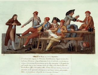Französische Revolution von 1789: „Ein Gefängnishof am 2. und 3. September“ Satirische Darstellung eines Revolutionsgerichts, dessen Mitglieder keine Zuständigkeit in Justizangelegenheiten haben und Fälle durch Weintrinken und Rauchen beurteilen. Gouache d