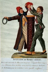 Französische Revolution: Die Erfindung der roten Mütze. Zwei Revolutionäre nehmen die Krone von Voltaires Büste und ersetzen sie durch eine phrygische Mütze. Gouache der Brüder Lesueur (18. Jahrhundert)