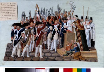 Französische Revolution: der Eid der Bezirke. Nach der Verkündung der Verfassung versammelte sich das Volk auf den öffentlichen Plätzen, die Priester leiteten die Versammlungen. Gouache der Brüder Lesueur (18. Jahrhundert). 1789. Paris, Musée Carnavalet