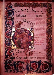 Seite mit Musik und einer verzierten Initiale G, die die Anbetung der Heiligen Drei Könige darstellt, aus einem Antiphonar, ca. 1473-79