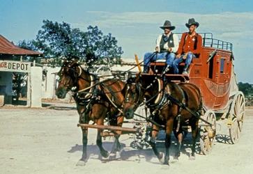 Eine restaurierte Postkutsche in Alamo Village, Bracketville, Texas