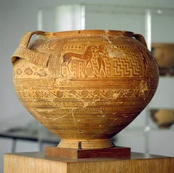 Argivischer Krater mit geometrischen Dekorationen, Durchmesser 50 cm, griechische Zivilisation, 8. Jahrhundert v. Chr.