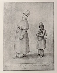 Österreich, Wien, Karikatur des österreichischen Baritonsängers Johann Michael Vogl und des Komponisten Franz Peter Schubert, um 1825, Bleistiftzeichnung