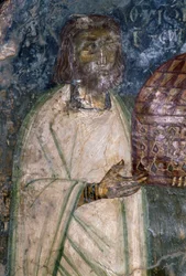 Fresko Käufer der Kirche Agia Anna, hält Modell der Kirche, Fresko von 1642, Anisaraki, Kreta, Griechenland