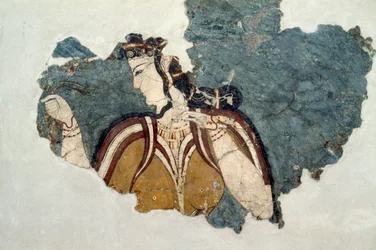 Fresko-Fragment, das eine weibliche Figur darstellt, aus Mykene, Griechenland, mykenische Zivilisation