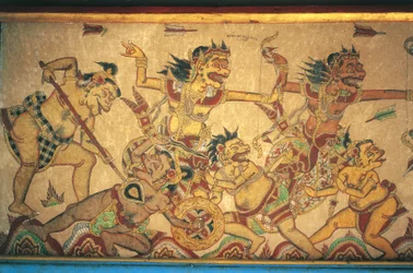 Fresken, die Szenen von Kämpfen zwischen Göttern und Dämonen darstellen, Kertha Gosa Pavillon, Klungkung Palast (Puri Agung Semarapura), Semarapura, Bali, Indonesien