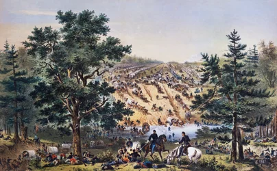 George Brinton McClellans Rückzug, Bear Creek Ford, Armee des Potomac, Juli 1862, Zeichnung von John Badger Bachelder, Gravur von Bufford, Amerikanischer Bürgerkrieg, USA