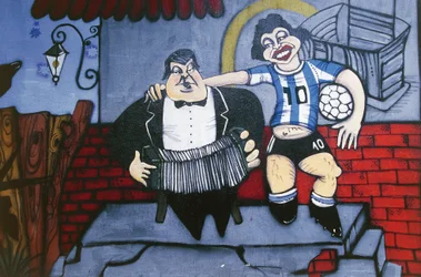 Musiker Anibal Troilo und Fußballspieler Diego Maradona, Wandgemälde in der Caminito-Gasse, La Boca, Buenos Aires, Argentinien