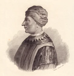 Porträt des italienischen Militärführers Can Francesco della Scala, auch bekannt als Cangrande I (1291-1329), Kupferstich von Eugenio Silvestri