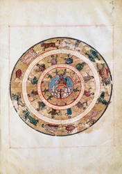 Der Sonnenwagen und die Tierkreiszeichen, Miniatur aus einem frühmittelalterlichen Manuskript, astronomische Tafel von Ptolemäus (ca. 100-175), hellenistische Zivilisation