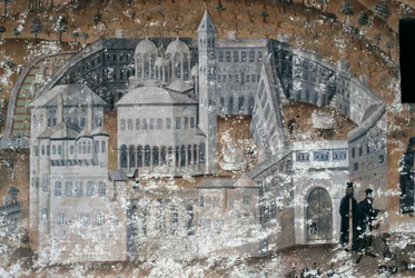 Ansicht des Klosters, Fresko im Kloster Ikosifinissis, nahe Serres, Griechenland