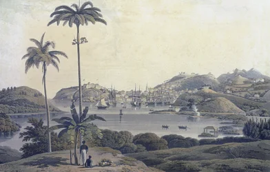 Ansicht der Stadt St. George auf der Insel Grenada, vom Belmont Estate aus gesehen, graviert von William Daniell (1769-1837), um 1810