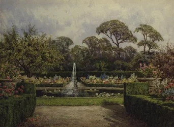 Der Seerosenteichgarten mit einem runden Teich und einem Cherubbrunnen
