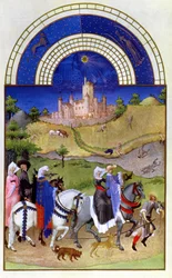 Faksimile des August: Falkenjagd, aus den „Très Riches Heures du Duc de Berry“