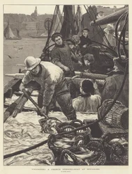 Entladen eines französischen Heringsboots in Boulogne