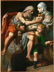 Aeneas und Anchises. Aeneas trägt seinen Vater Anchises aus dem brennenden Troja