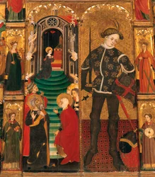 Gotische Periode. Altarbild der Jungfrau und des Heiligen Georg (Sant Jordi), von Lluis Borrassa (1360-1426). Holzmalerei. Werk in Barcelona um 1390-1400. Detail, Darstellung von Maria im Tempel und Heiliger Georg (Sant Jordi / San Jorge) als Ritter