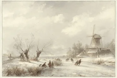 Winterlandschaft mit Schlittschuhläufern bei einer Mühle