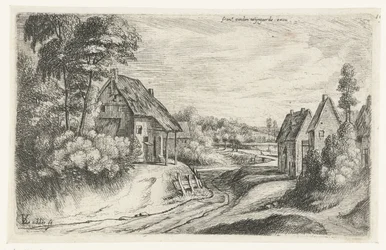 Landschaft mit zwei Bauernhöfen entlang einer Straße